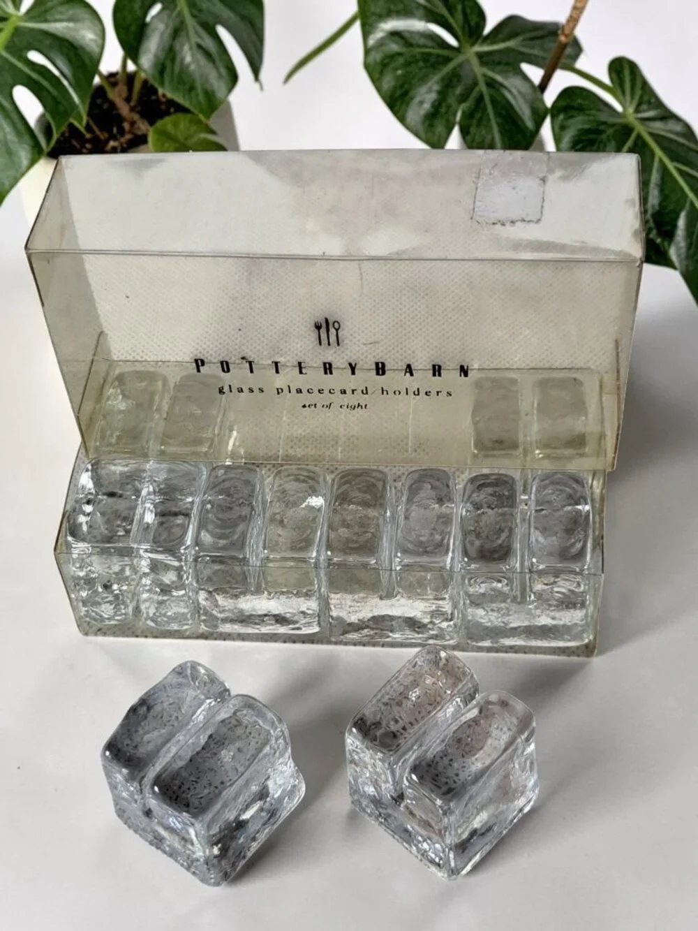 Pottery Barn Placecard Holders Clear Glass Cubes Wedding Shower Display Set 8